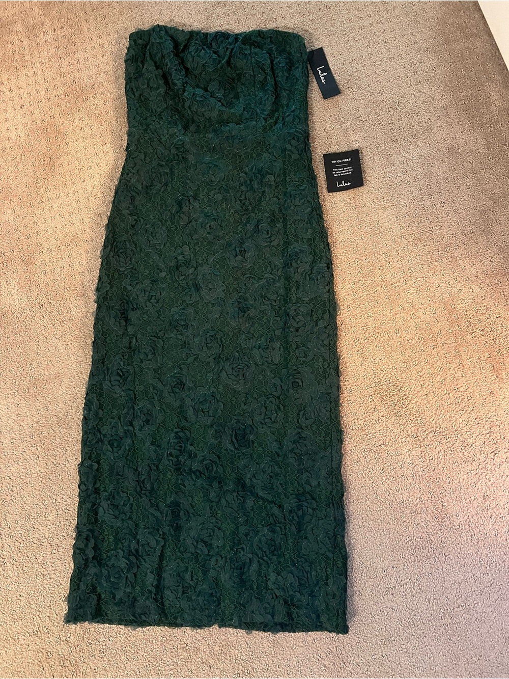 Lulu's Dark Green Strapless Lace Midi Dress